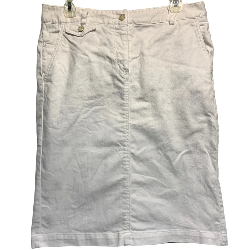 Talbots Denim Pencil Skirt 10 White Cotton Midi Preppy Coastal Classic Crisp